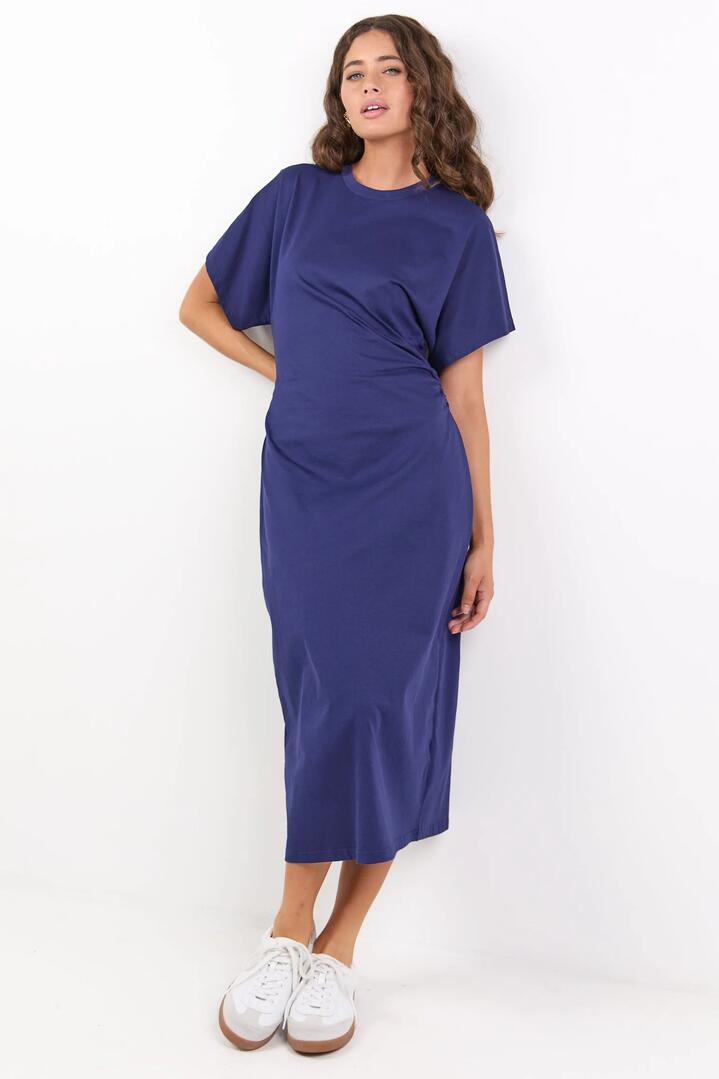 Image of Dresses. Product name - Pulse Ink Cotton Gathered Waist Detail Short Sleeve Knit Dress in Ink colour by brand - RE:UNION Label