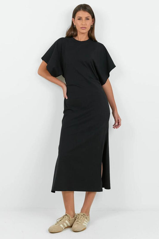 Image of Dresses. Product name - Pulse Black Cotton Gathered Waist Detail Short Sleeve Knit Dress in Black colour by brand - RE:UNION Label