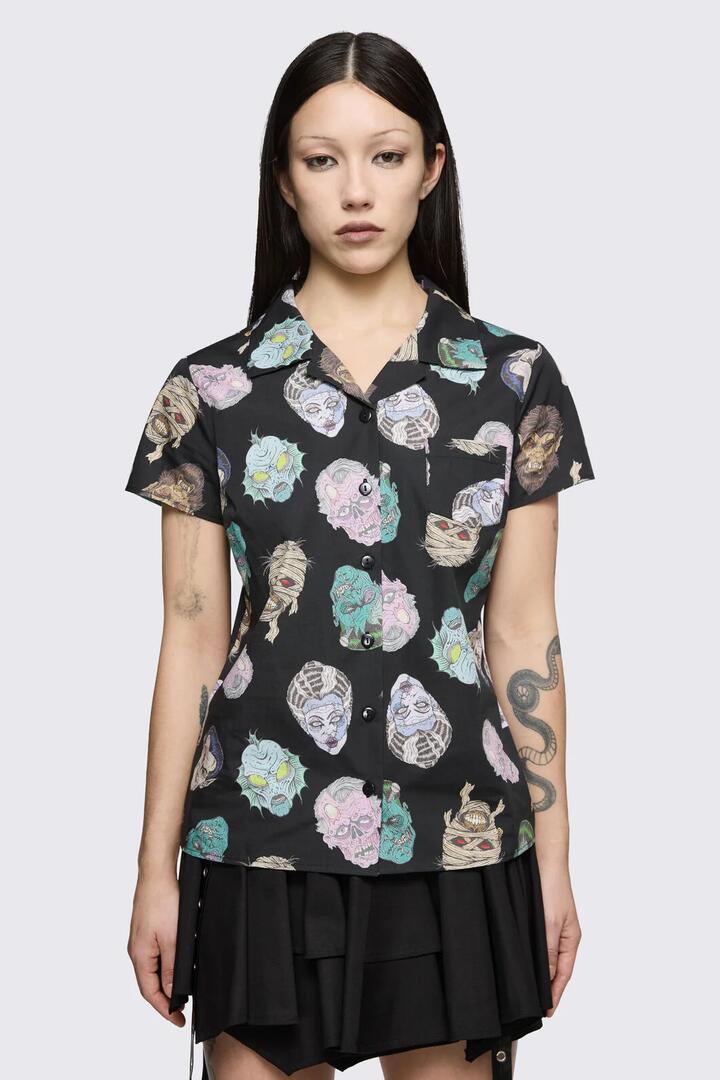 Image of Blouses. Product name - Ghouls Printed Blouse in Black colour by brand - Dangerfield