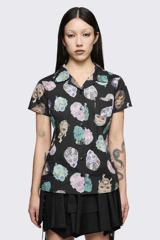 Image of Blouses. Product name - Ghouls Printed Blouse in Black colour by brand - Dangerfield