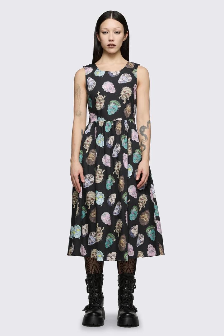 Image of Dresses. Product name - Ghouls Printed Midi Dress in Black colour by brand - Dangerfield