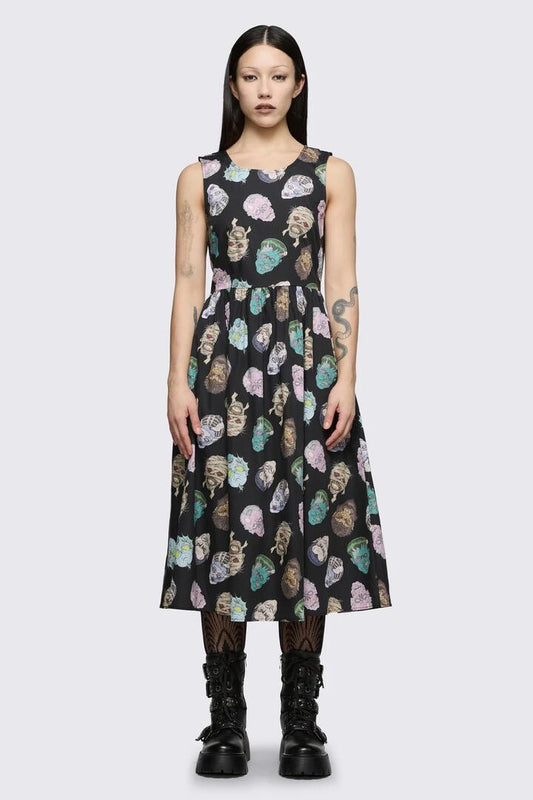 Image of Dresses. Product name - Ghouls Printed Midi Dress in Black colour by brand - Dangerfield