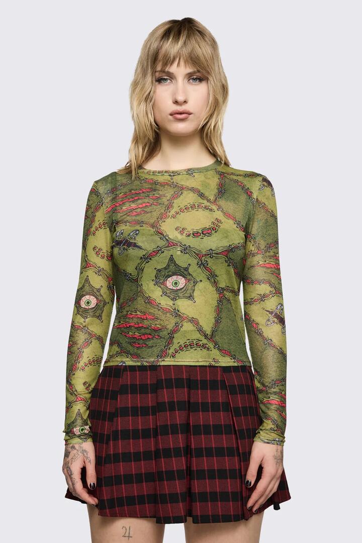 Image of a model wearing Tops. Product name - Decay Mesh Top in Olive colour by brand - Black Friday