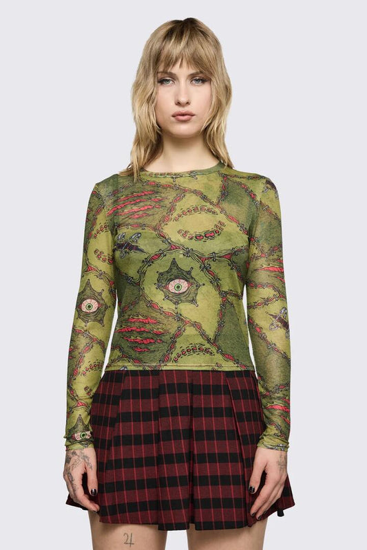 Image of a model wearing Tops. Product name - Decay Mesh Top in Olive colour by brand - Black Friday