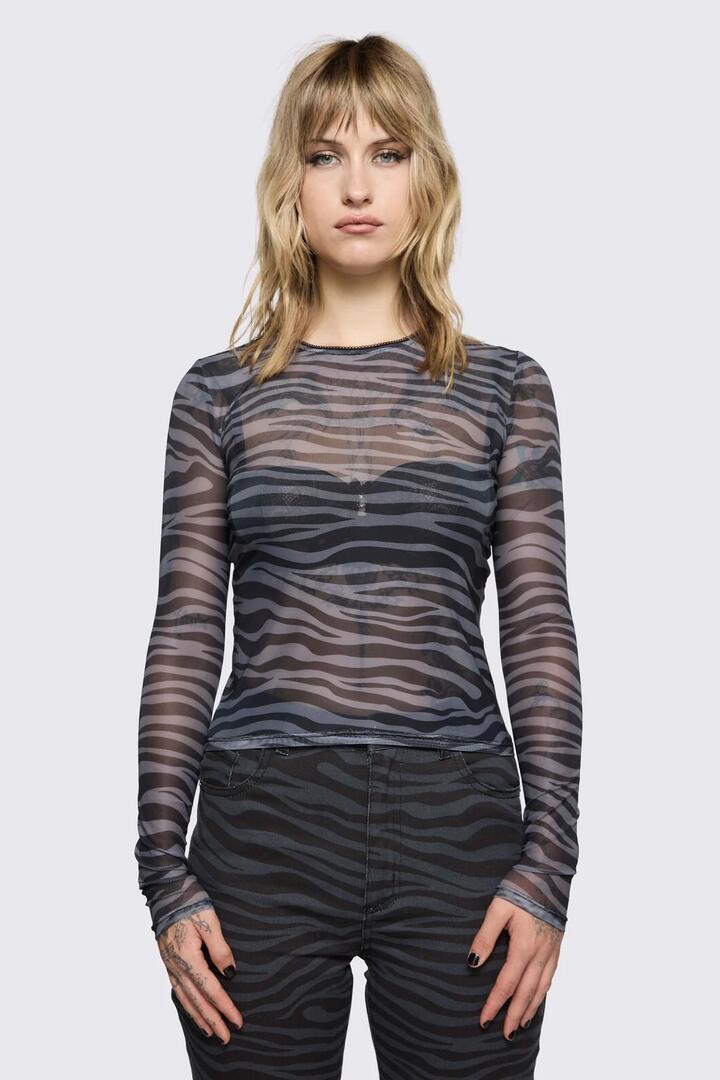 Image of a model wearing Tops. Product name - Untamed Mesh Top in Black/Grey colour by brand - Dangerfield