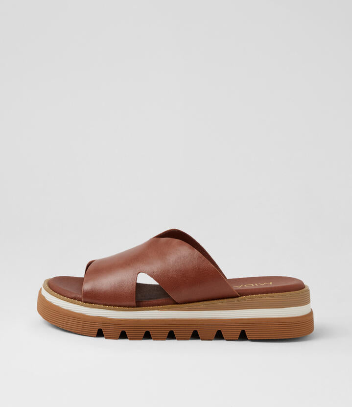 Image of Slippers. Product name - Shiva Walnut Leather Slides in Walnut colour by brand - MIDAS