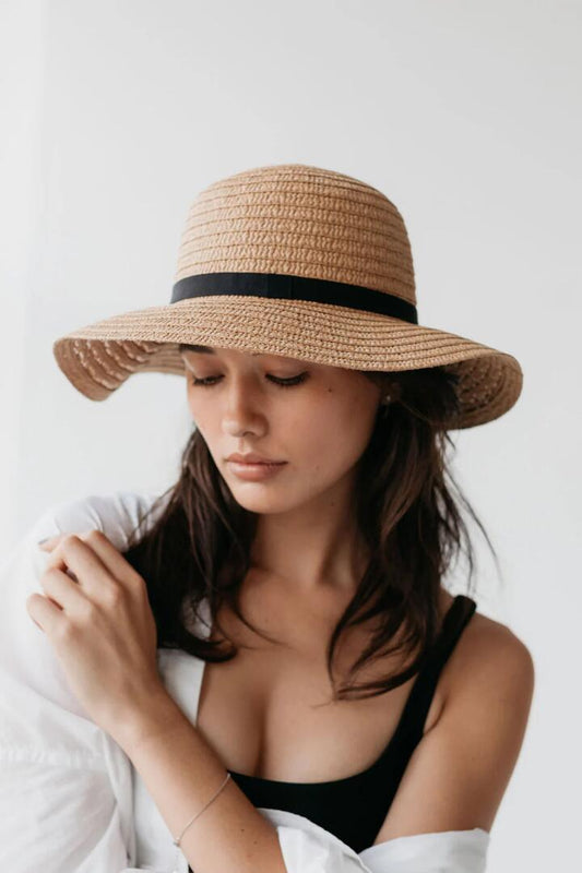 Image of Hats. Product name - So Shady Woven Natural Hat with Black Ribbon in Natural colour by brand - Sophie