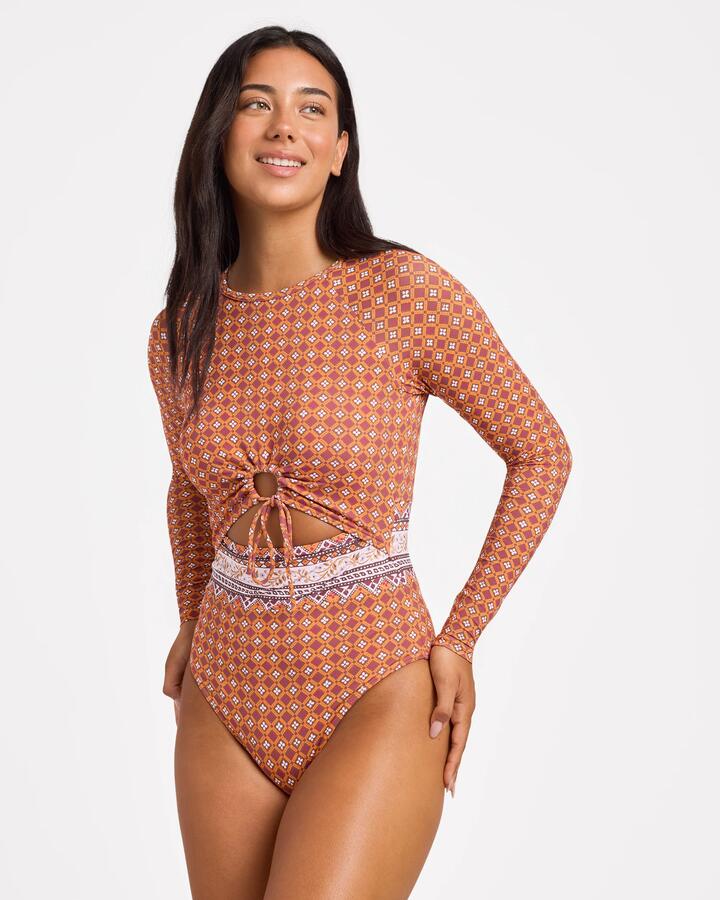 Image of Swimwear. Product name - Roxy Womens Aurora Fashion One Piece Rash Vest Dusty Orange in Dusty Orange colour by brand - Roxy