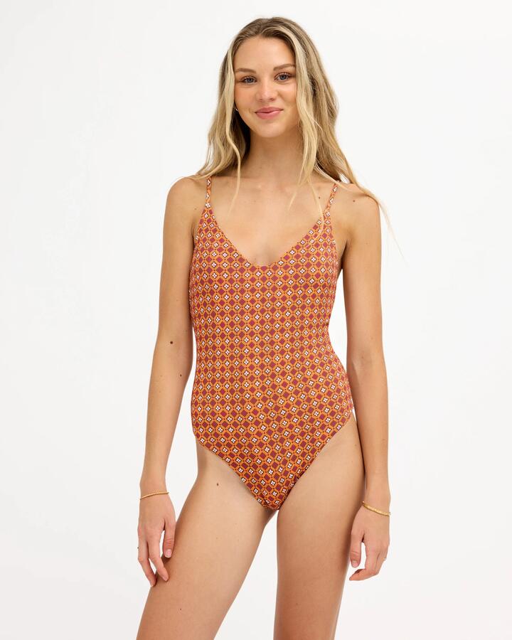 Image of Swimwear. Product name - Roxy Womens Aurora Mod One Piece Swimsuit Dusty Orange in Dusty Orange colour by brand - Roxy