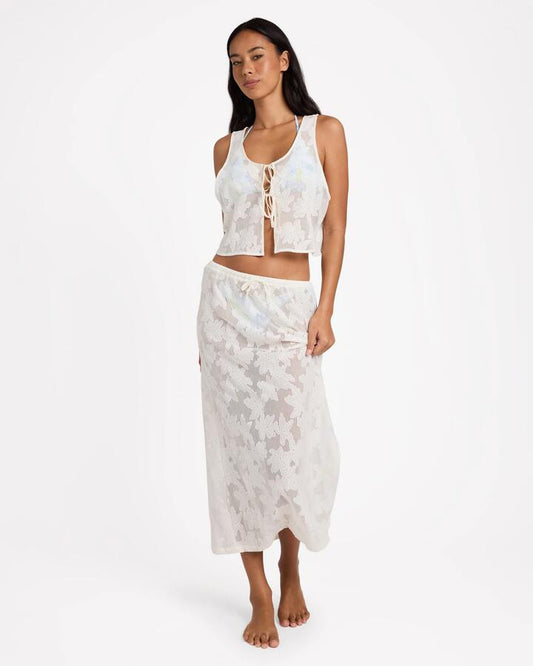 Image of a model wearing Skirts. Product name - Billabong Womens Salt Bloom Lace Midi Skirt Salt Crystal in Salt Crystal colour by brand - Billabong