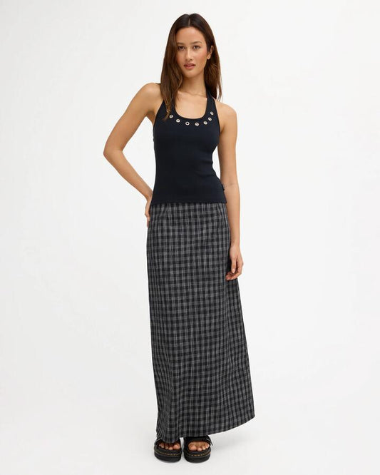 Image of a model wearing Skirts. Product name - Volcom Womens Zephyr Maxi Skirt Asphalt Black in Asphalt Black colour by brand - Volcom