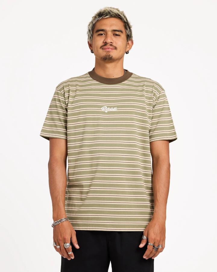 Image of T-Shirts. Product name - RVCA Mens Exotica Stripe T-Shirt Army in Army colour by brand - RVCA