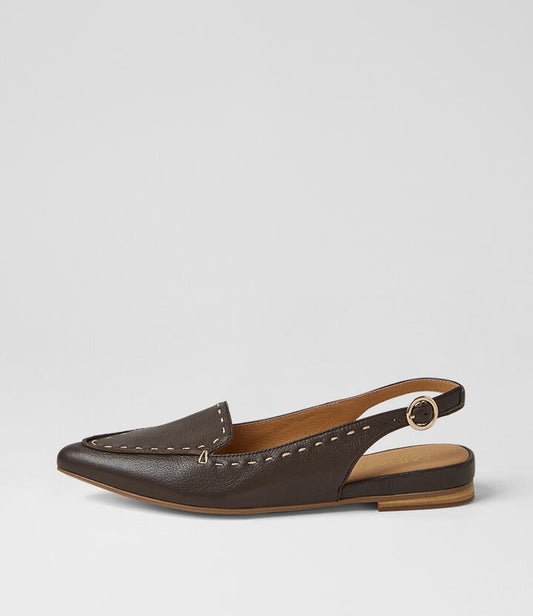 Image of Flats. Product name - Yuna Choc Leather Flat Shoes in Choc colour by brand - MIDAS