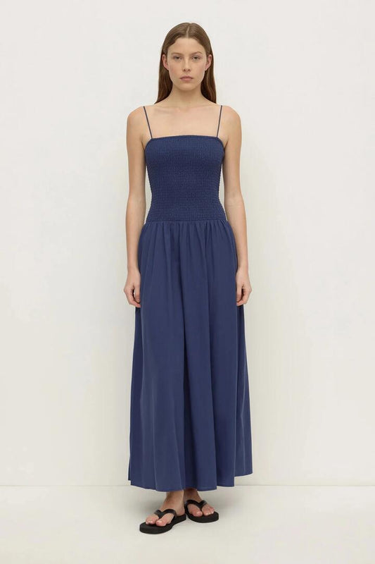 Image of Dresses. Product name - Connie Imperial Blue Strappy Cotton Shirred Dress in Blue colour by brand - Assembly Label