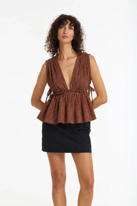 Image of a model wearing Tops. Product name - Silent Kiss Chocolate Stripe V Neck Sleeveless Top in Chocolate colour by brand - Blak