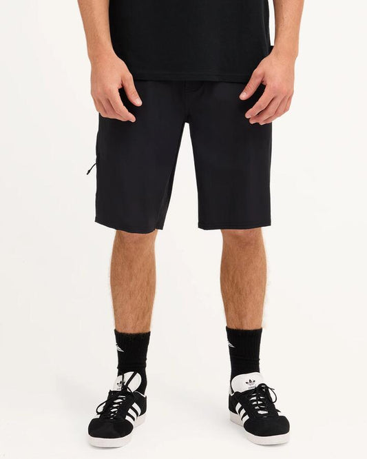 Image of a model wearing Shorts. Product name - Quiksilver Mens Recoil Tech Amphibian 21" Hybrid Shorts Black in Black colour by brand - Quiksilver