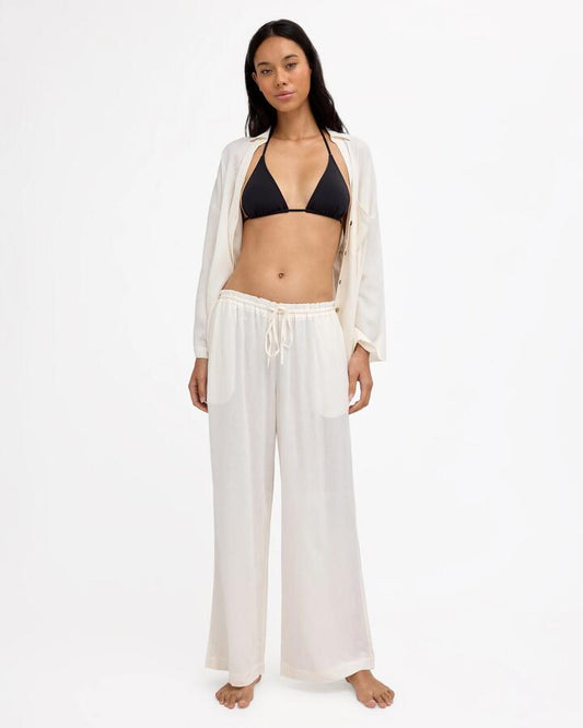Image of a model wearing Pants. Product name - Billabong Womens Calais Drawstring Elastic Waist Pants Sea Salt in Sea Salt colour by brand - Billabong