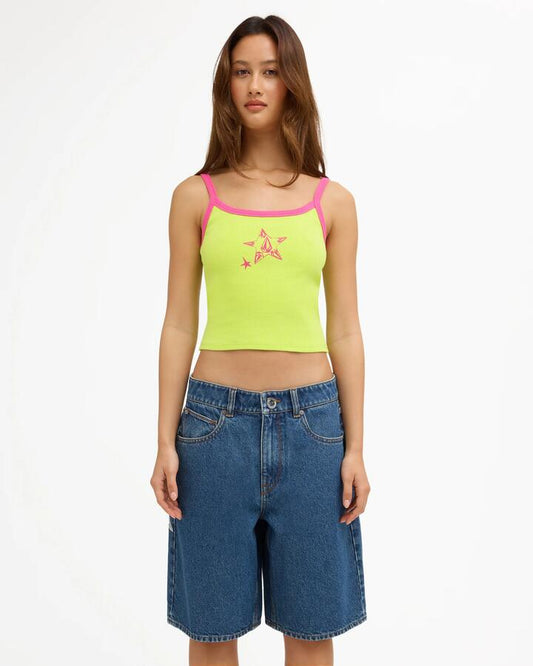 Image of a model wearing Shorts. Product name - Volcom Womens Jaleesa Vincent Denim Shorts Indigo Ridge Wash in Indigo Ridge Wash colour by brand - Volcom
