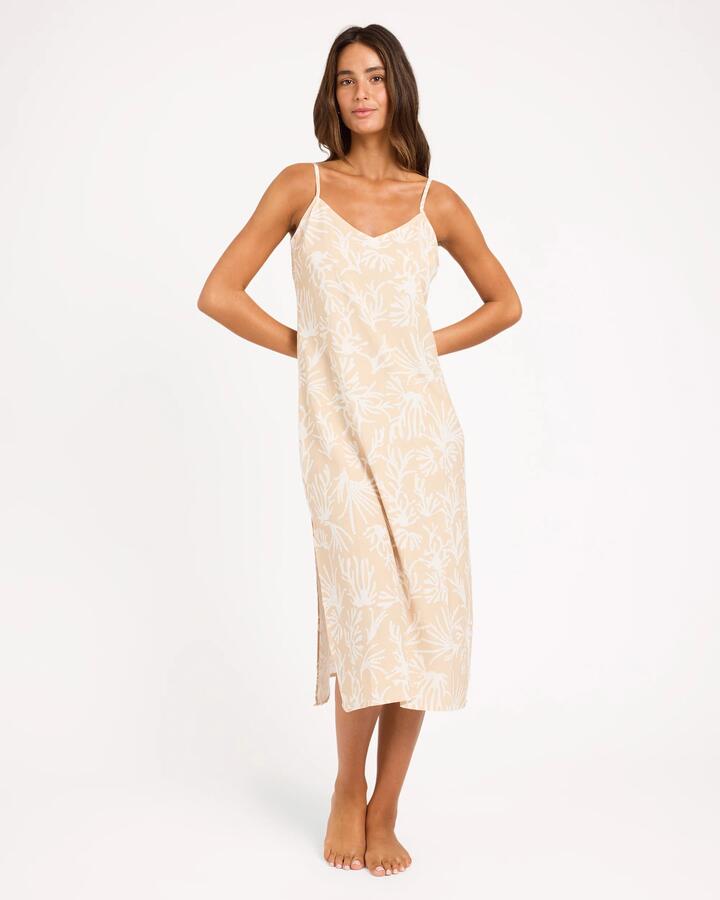 Image of Dresses. Product name - Roxy Womens Coral Cove Cami Slip Midi Dress Pebble in Pebble colour by brand - Roxy