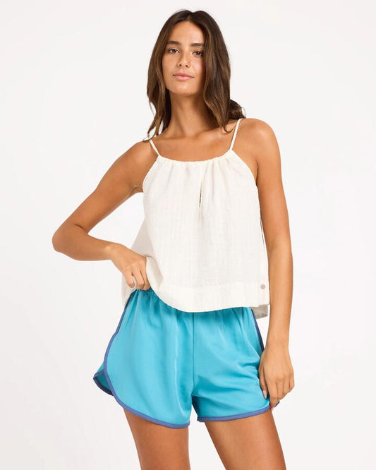 Image of a model wearing Shorts. Product name - Roxy Womens Racer Elastic Waist Shorts Blue Moon in Blue Moon colour by brand - Roxy