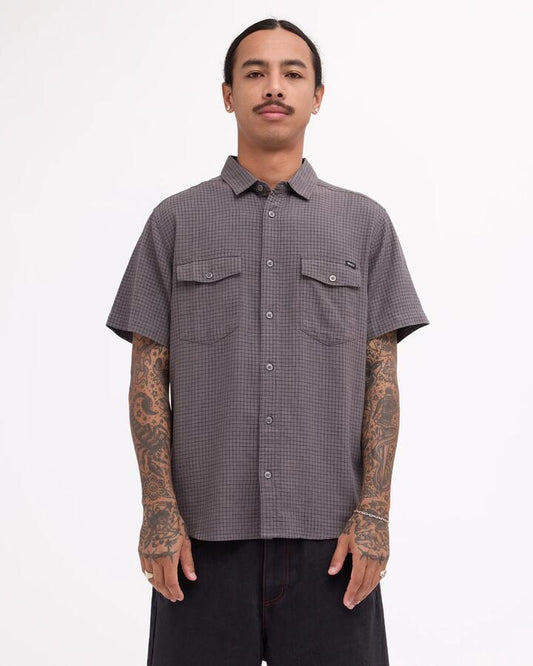 Image of Shirts. Product name - RVCA Mens Costa Plaid Short Sleeve Shirt Smoke in Smoke colour by brand - RVCA