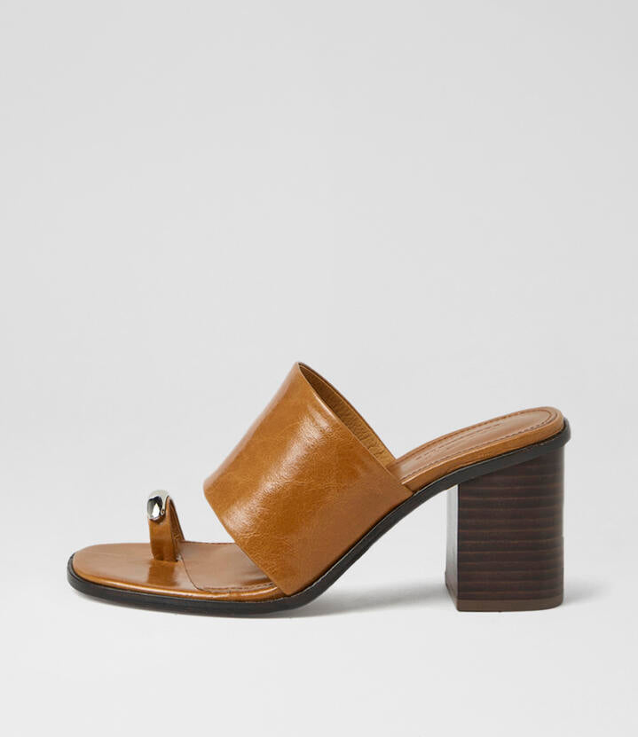 Image of Sandals. Product name - Nari Deep Tan Dark Brown Crinkle Leather Sandals in Deep Tan-Dk Brown Heel colour by brand - MOLLINI