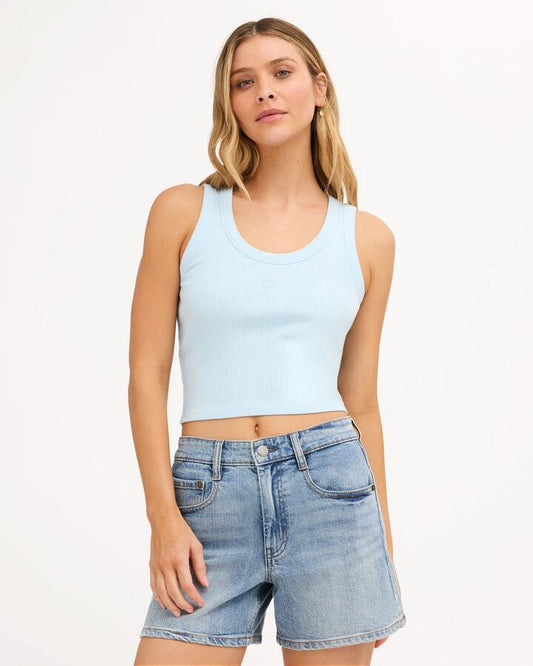 Image of a model wearing Tops. Product name - Billabong Womens Rerun Tank Top Cool Blue in Cool Blue colour by brand - Billabong