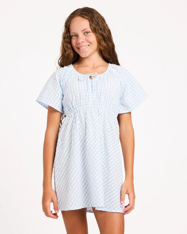 Image of Dresses. Product name - Roxy Girls 8-16 Coastal Check Mini Dress Windsurfer in Windsurfer colour by brand - Roxy