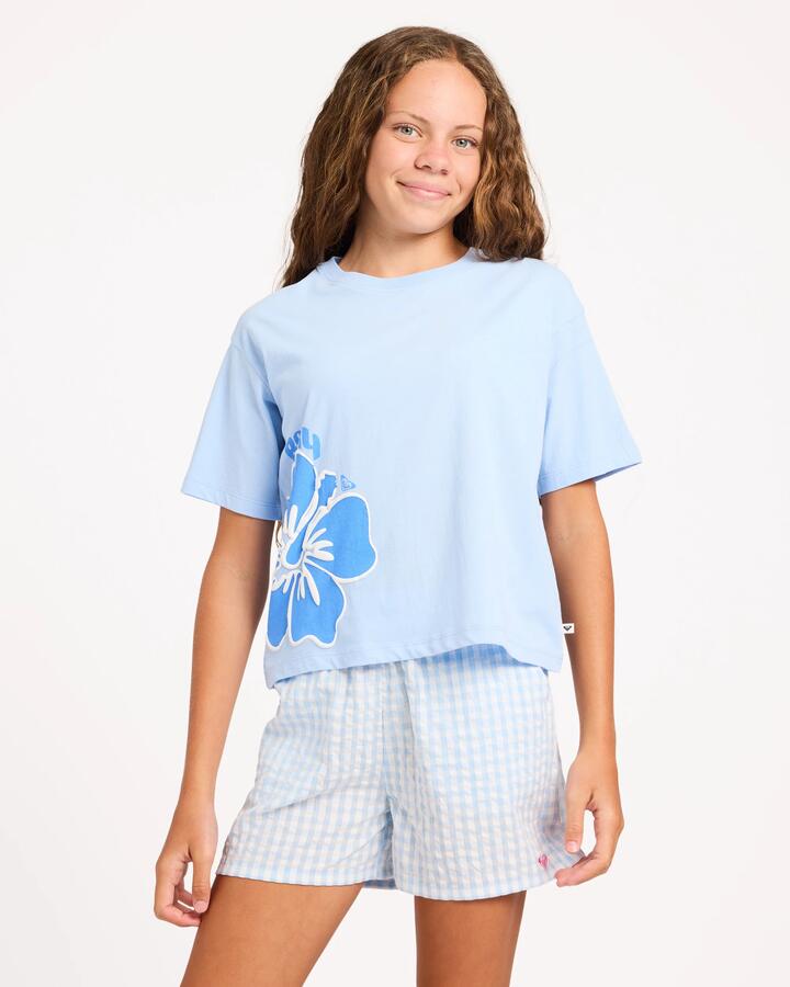 Image of a model wearing Shorts. Product name - Roxy Girls 8-16 Coastal Check Elastic Waist Shorts Windsurfer in Windsurfer colour by brand - Roxy