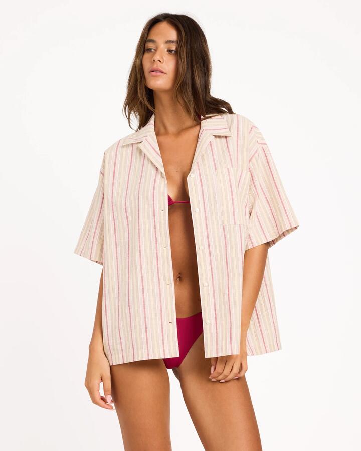 Image of Shirts. Product name - Roxy Womens Carter Striped Short Sleeve Shirt Beet Red in Beet Red colour by brand - Roxy