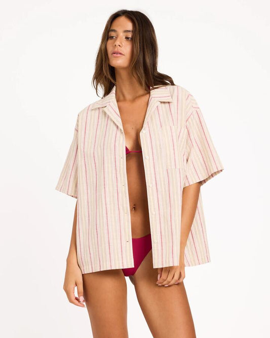 Image of Shirts. Product name - Roxy Womens Carter Striped Short Sleeve Shirt Beet Red in Beet Red colour by brand - Roxy
