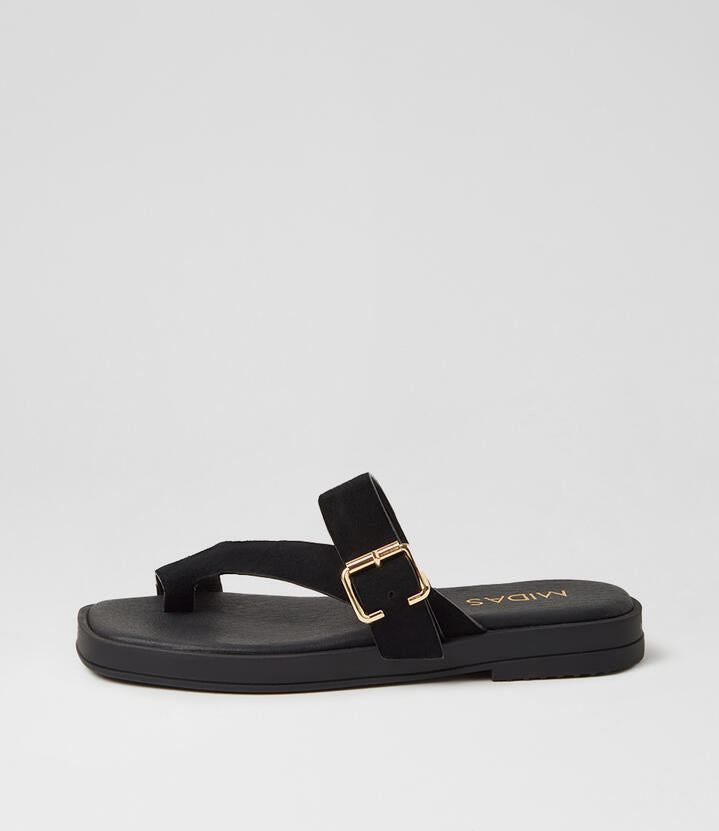 Image of Sandals. Product name - Teski Black Suede Thongs in Black colour by brand - MIDAS