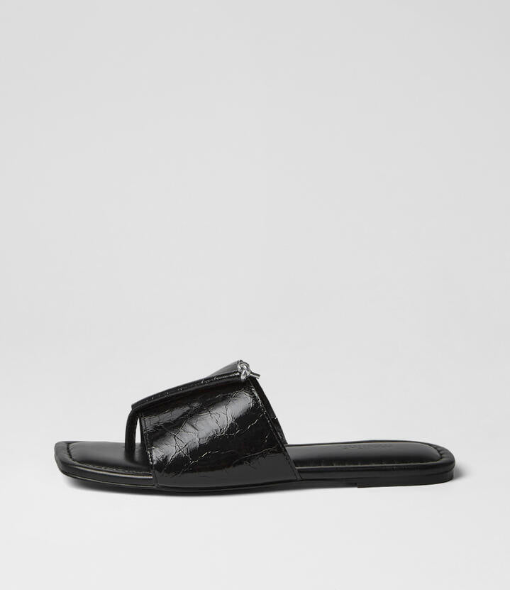 Image of Slippers. Product name - Misam Black Crinkle Leather Slides in Black colour by brand - MOLLINI