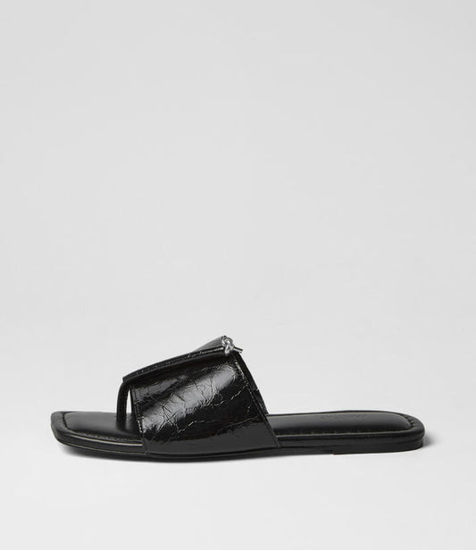 Image of Slippers. Product name - Misam Black Crinkle Leather Slides in Black colour by brand - MOLLINI