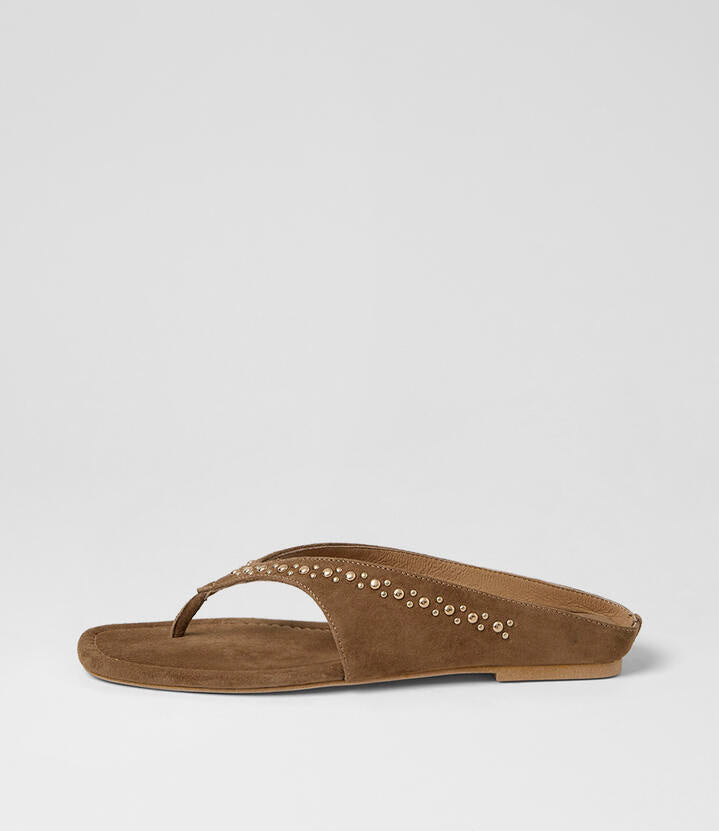 Image of Sandals. Product name - Rowser Fawn Suede Thongs in Fawn colour by brand - MOLLINI