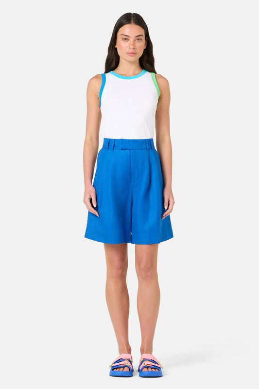 Image of a model wearing Shorts. Product name - Mylie Tailored Shorts in Blue colour by brand - Gorman