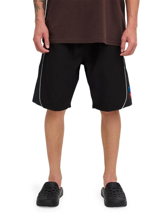 Image of a model wearing Shorts. Product name - Quiksilver Mens Stab 21" Volley Shorts Black in Black colour by brand - Quiksilver
