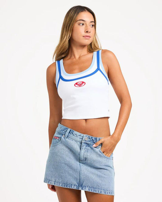 Image of a model wearing Skirts. Product name - Roxy Womens Backslider Bleach Denim Skirt Blue Fade in Blue Fade colour by brand - Roxy