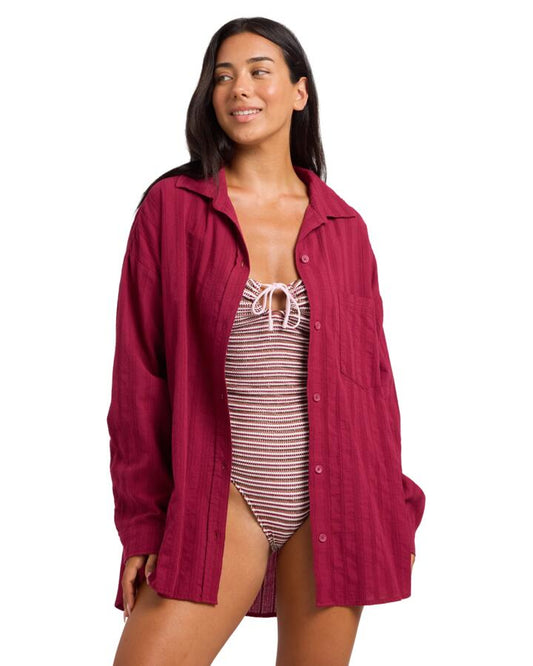 Image of a model wearing Tops. Product name - Roxy Womens Carter Long Sleeve Shirt Beet Red in Beet Red colour by brand - Roxy