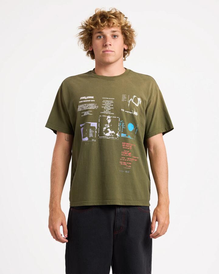 Image of T-Shirts. Product name - RVCA Mens Back Cover 50 Years T-Shirt Fatigue in Fatigue colour by brand - RVCA