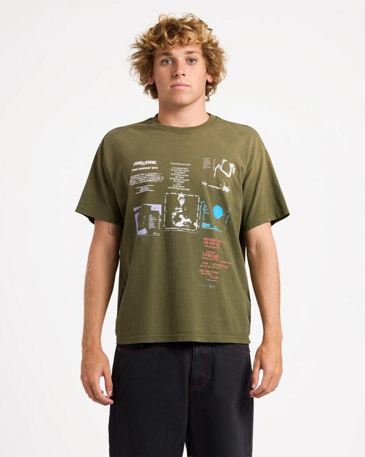 Image of T-Shirts. Product name - RVCA Mens Back Cover 50 Years T-Shirt Fatigue in Fatigue colour by brand - RVCA