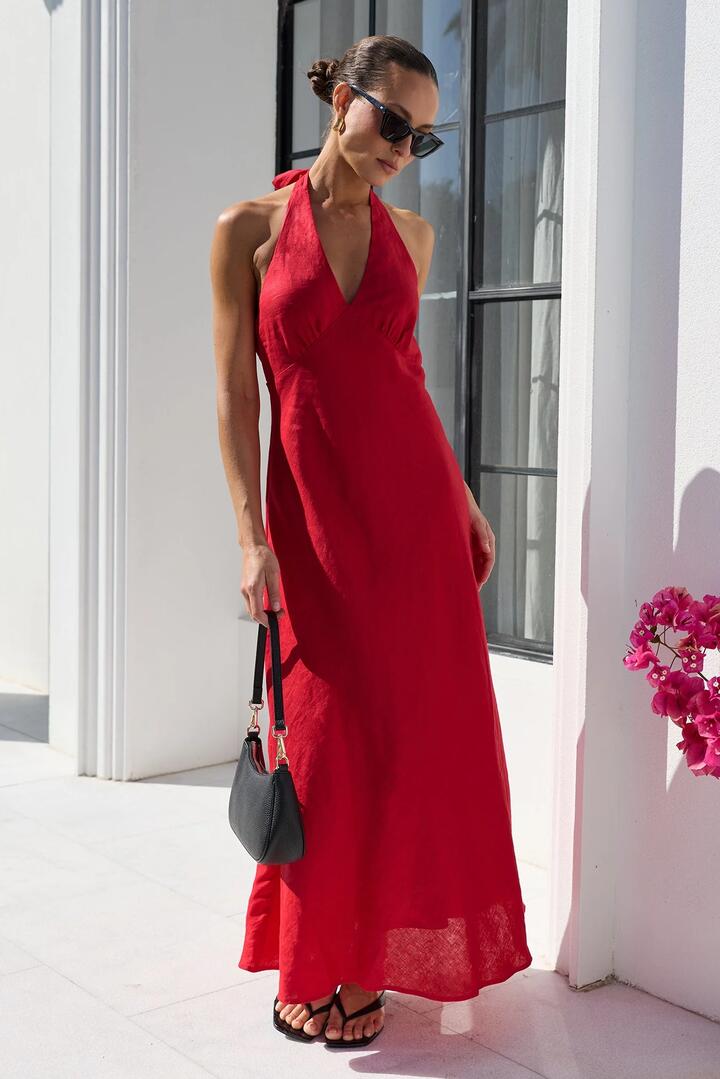 Image of Dresses. Product name - Southern Red Linen Tie Neck Halter Maxi Dress in Red colour by brand - Georgia Zoe