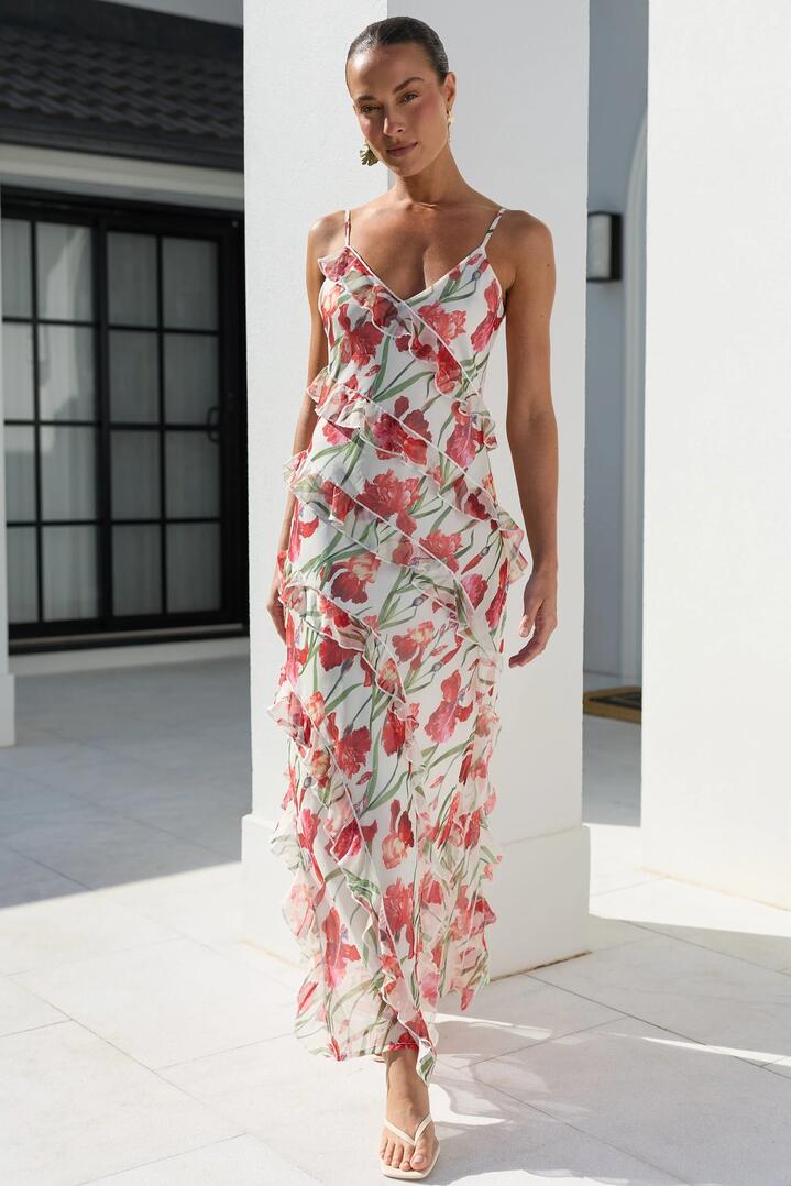 Image of Dresses. Product name - Galore Cream Red Floral Georgette Bias Ruffle Slip Maxi Dress in Cream Red Floral colour by brand - Georgia Zoe