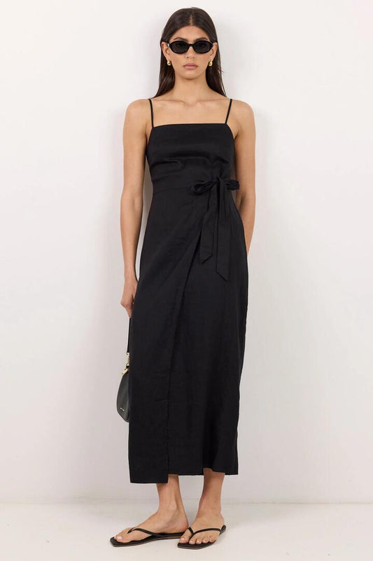 Image of Dresses. Product name - Unfold Black Linen Wrap Tie Front Maxi Dress in Black colour by brand - RE:UNION Label