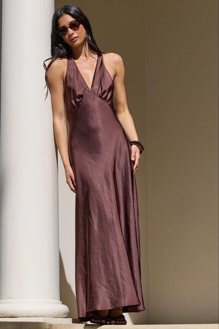 Image of Dresses. Product name - Eastern Dark Chocolate Satin Bias Flared Maxi Dress in Dark Chocolate colour by brand - Georgia Zoe