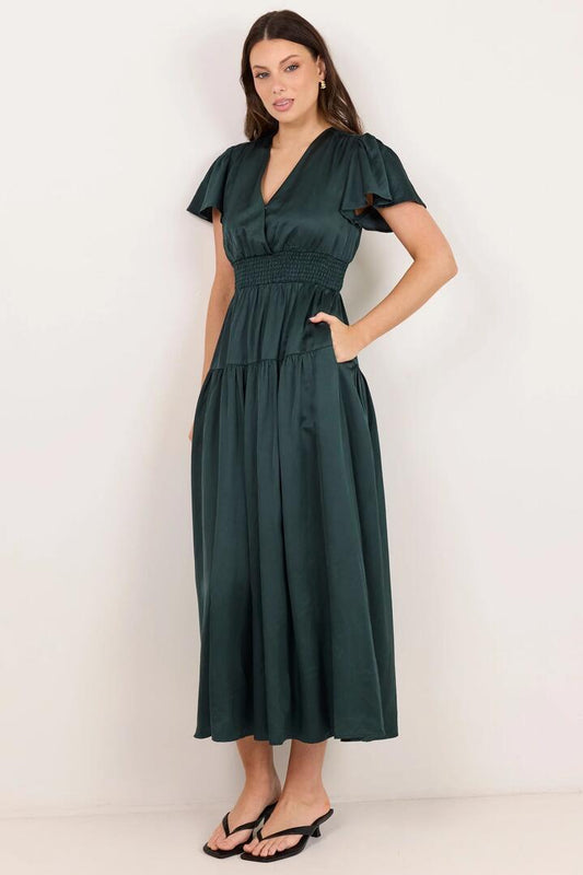Image of Dresses. Product name - Devotion Petrol Floaty SS Tiered Maxi Dress in Petrol colour by brand - By Rosa.