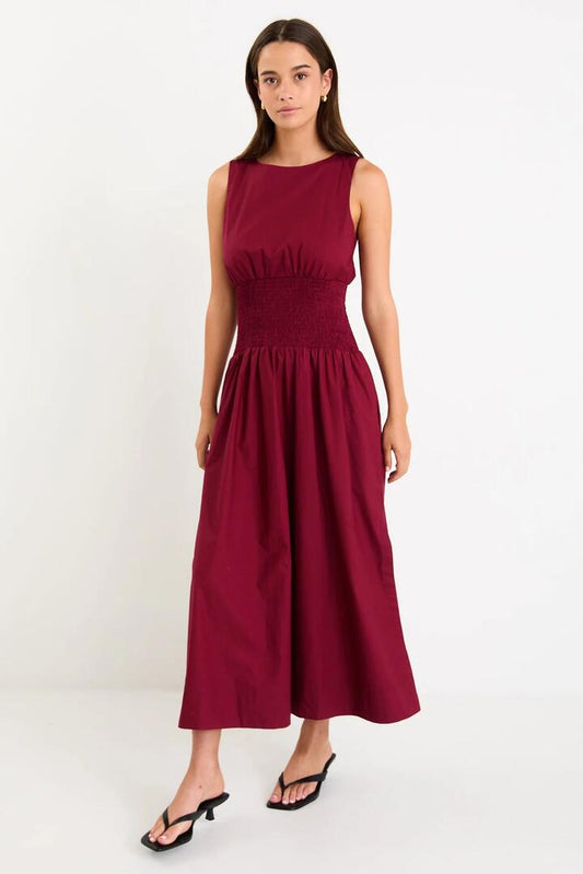 Image of Dresses. Product name - Duchess Burgundy Sleeveless Shirred Waist Maxi Dress in Burgundy colour by brand - Stories be Told