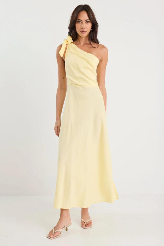 Image of Dresses. Product name - Mirror Butter Yellow Linen Blend One Shoulder Bow Midi Dress in Butter Yellow colour by brand - Georgia Zoe