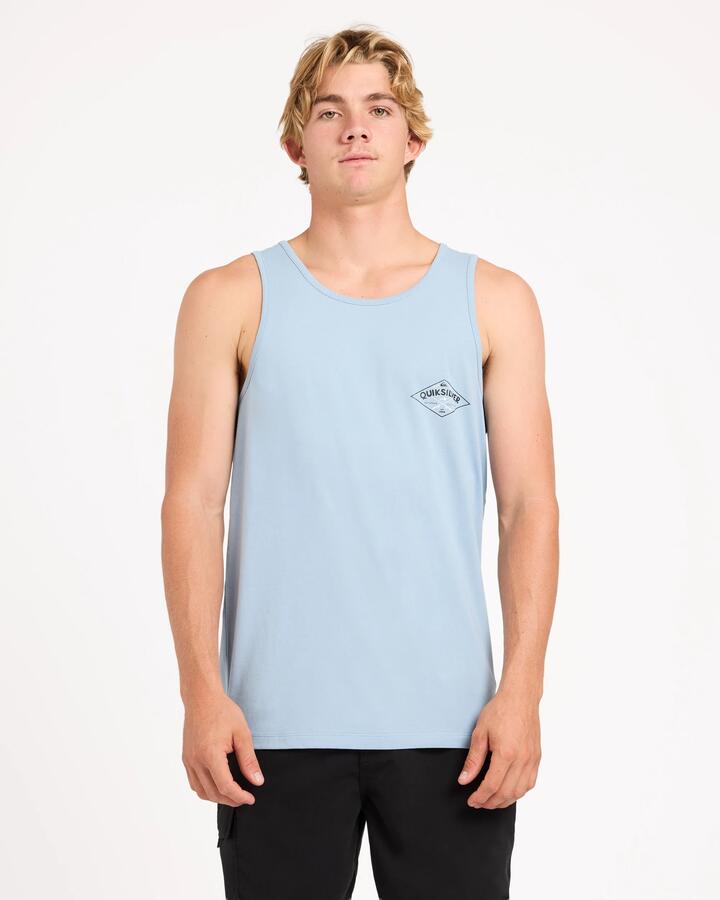 Image of a model wearing Tops. Product name - Quiksilver Mens Fishos Tank Ash Blue in Ash Blue colour by brand - Quiksilver