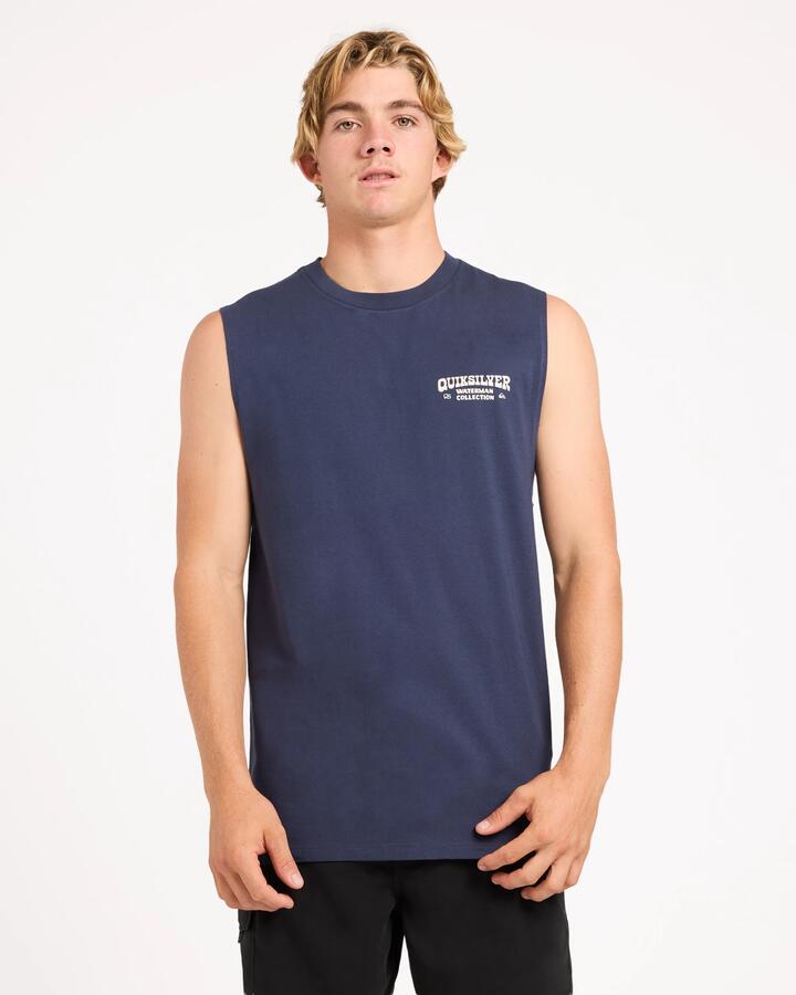 Image of a model wearing Tops. Product name - Quiksilver Mens Hooked Muscle Mood Indigo in Mood Indigo colour by brand - Quiksilver